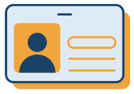 An illustration of an ID card with a blue border, featuring a profile icon and lines representing text, set against an orange rectangular background.