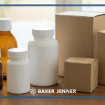 Several brown and white medicine bottles with white caps and three plain cardboard boxes are arranged on a wooden surface. The logo at the bottom reads Baker Jenner.