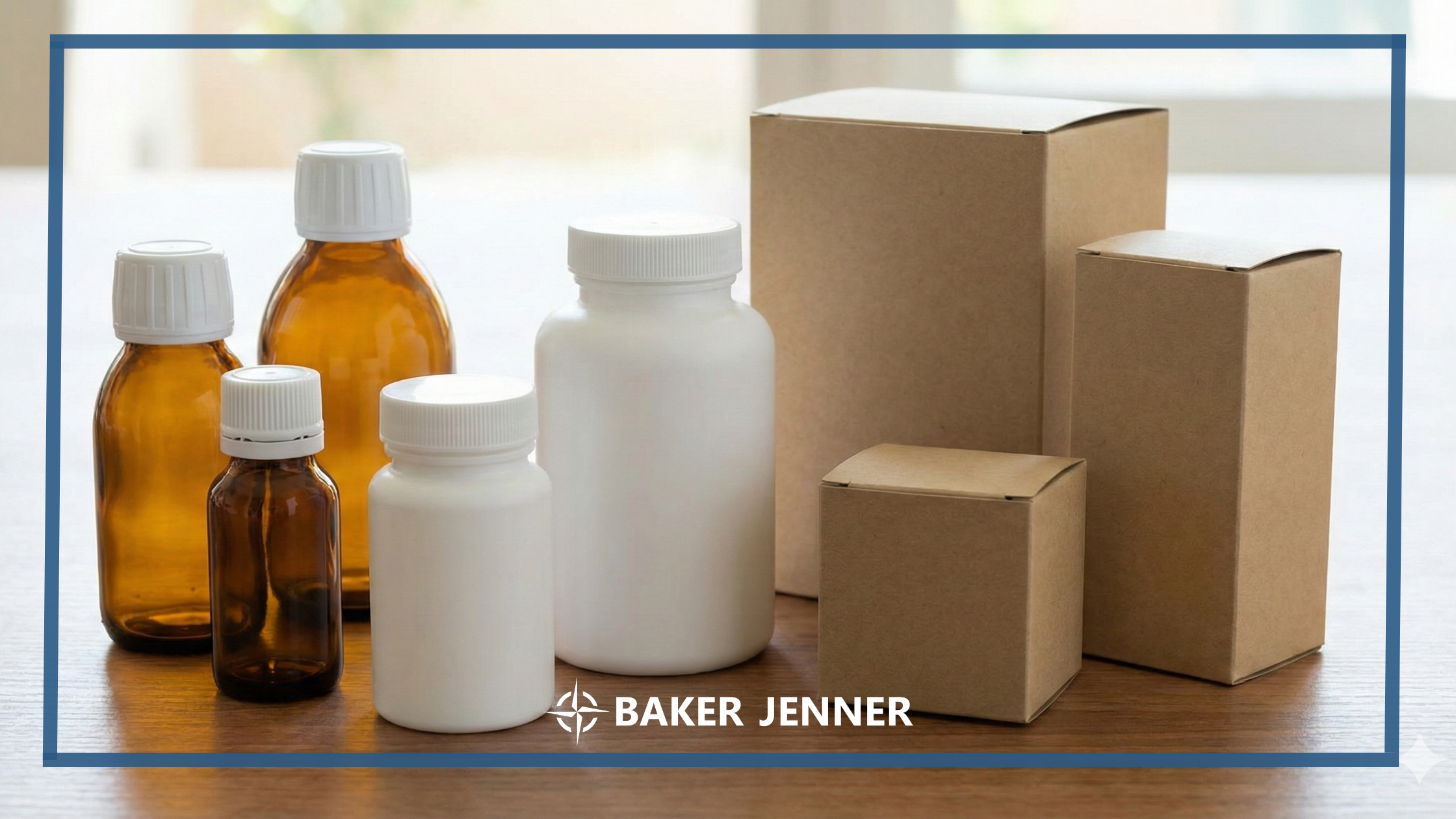 Several brown and white medicine bottles with white caps and three plain cardboard boxes are arranged on a wooden surface. The logo at the bottom reads Baker Jenner.